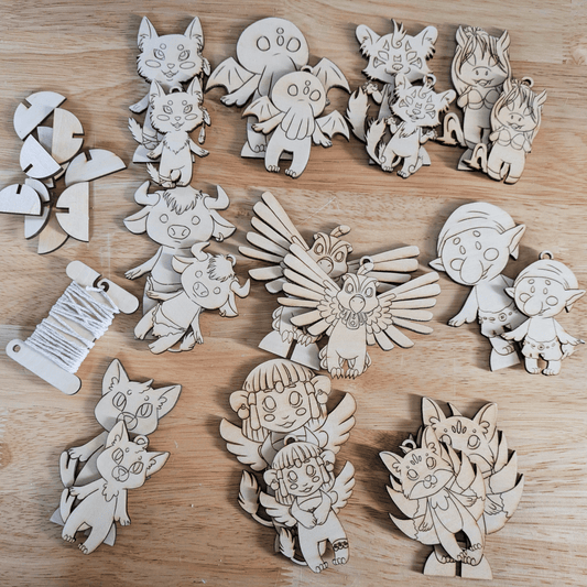 Mythological chibi ornaments and standing figurines. Left top to bottom right: Coyote, Cthulhu, Dajoji, Minotaur, Thunderbird, Troll, Nekomata, Spinx and Kitsune. DIY Myths, Legends and Monster Chibi Set: Coyote, Cthulhu, Da - jo - ji, Kelpie, Kitsune, Minotaur, Nekomata, Spinx, Thunderbird and Troll Art & Craft Kits Raven King Crafts DIY Myths, Legends and Monster Chibi Set: Coyote, Cthulhu, Da-jo-ji, Kelpie, Kitsune, Minotaur, Nekomata, Spinx, Thunderbird and Troll Art & Craft Kits Raven King 