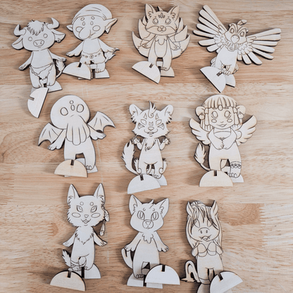 Mythical standing chibis top left to bottom right: minotaur, troll, kitsune, thunderbird, cthulhu, dajoji, spinx, coyote, nekomata and kelpie. DIY Myths, Legends and Monster Chibi Set: Coyote, Cthulhu, Da - jo - ji, Kelpie, Kitsune, Minotaur, Nekomata, Spinx, Thunderbird and Troll Art & Craft Kits Raven King Crafts DIY Myths, Legends and Monster Chibi Set: Coyote, Cthulhu, Da-jo-ji, Kelpie, Kitsune, Minotaur, Nekomata, Spinx, Thunderbird and Troll Art & Craft Kits Raven King Crafts