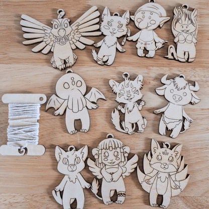 Mythical chibi ornament blanks for do it yourself. Top left to bottom right: thunderbird, coyote, troll, kelpie, cthulhu, dajoji, minotaur, nekomata, spinx and kitsune. DIY Myths, Legends and Monster Chibi Set: Coyote, Cthulhu, Da - jo - ji, Kelpie, Kitsune, Minotaur, Nekomata, Spinx, Thunderbird and Troll Art & Craft Kits Raven King Crafts DIY Myths, Legends and Monster Chibi Set: Coyote, Cthulhu, Da-jo-ji, Kelpie, Kitsune, Minotaur, Nekomata, Spinx, Thunderbird and Troll Art & Craft Kits Raven