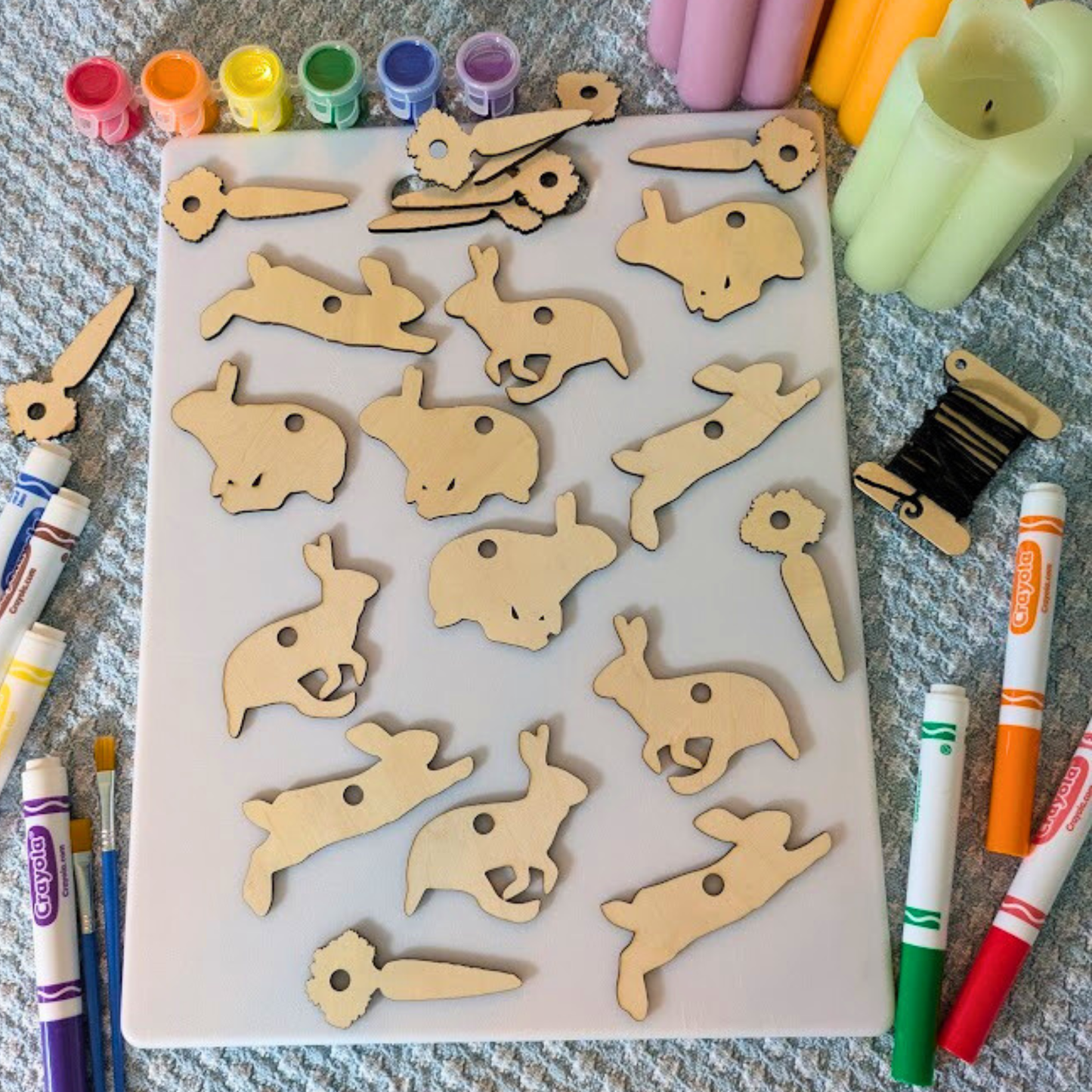 A wood Easter or Spring themed ornament blank kit with rabbits and carrots. DIY Wooden Bunny and Carrot Ornament Kit Art & Craft Kits Raven King Crafts