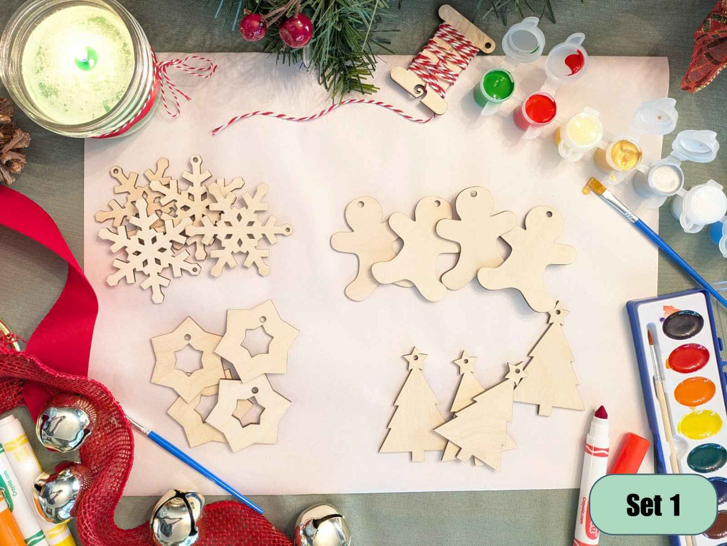 A photograph of some of our Christmas themed ornament blanks. DIY Wooden Christmas Ornament Kits for Creative Holiday Crafting Art & Crafting Materials Raven King Crafts