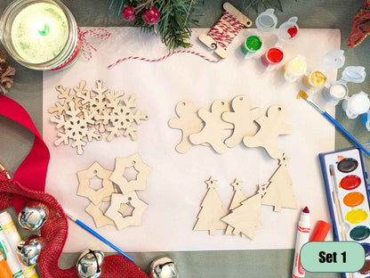 A photograph of some of our Christmas themed ornament blanks. DIY Wooden Christmas Ornament Kits for Creative Holiday Crafting Art & Crafting Materials Raven King Crafts
