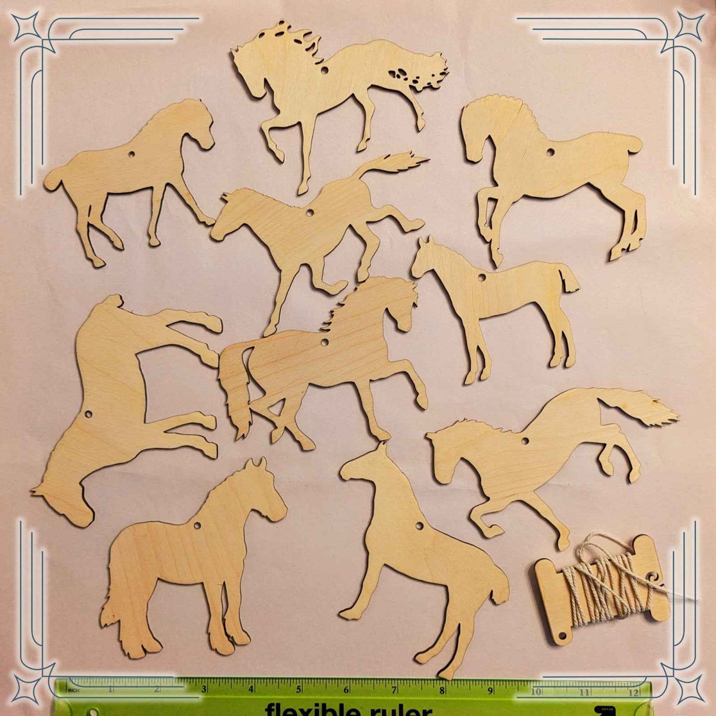 Set 1 of the blank horse ornament kits next to a ruler to help show scale. DIY Wooden Horse Ornament Kit - 10 Unique Horse Shapes per Set - 20 total! Art & Crafting Materials Raven King Crafts