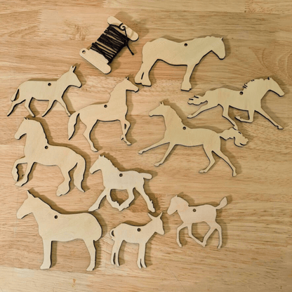 Set 2 of the horse ornament shape options. It has 10 different cutouts of horses donkeys and a mule. Each ornament is wood and sanded to paint or color. DIY Wooden Horse Ornament Kit - 10 Unique Horse Shapes per Set - 20 total! Art & Crafting Materials Raven King Crafts