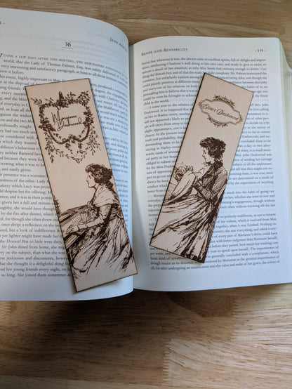 Leather bookmarks engraved with the art of Elinor and Marianne Dashwood engraved on them. Elinor and Marianne Dashwood - Leather Bookmarks, Sense and Sensibility Bookmarks Raven King Crafts