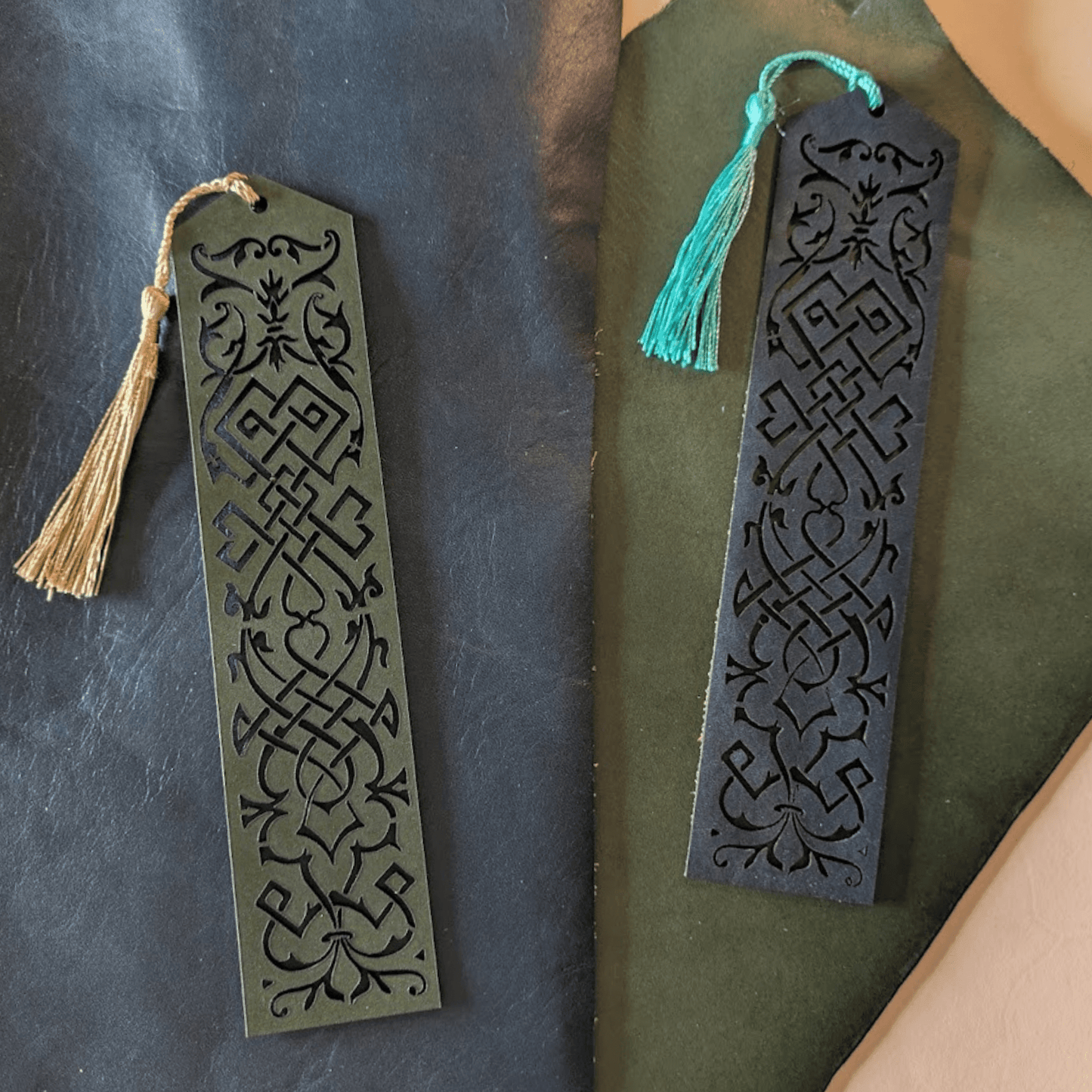 You can pick the tassel colors of the leather bookmark you pick. Elvish Style Leather Bookmarks - Pick your color and your tassel Bookmarks Raven King Crafts