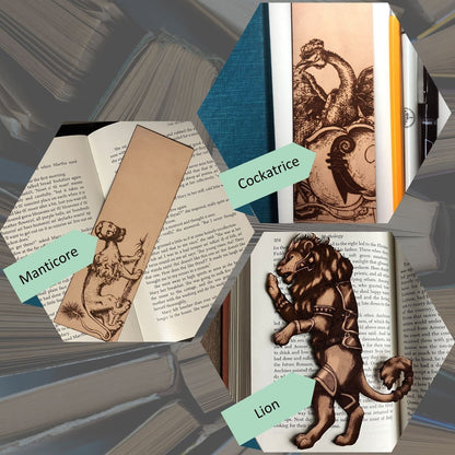 This collage shows the manticore bookmark, the cockatrice bookmark and the lion bookmark.