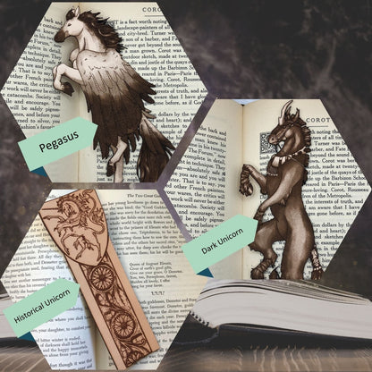 This collage shows the pegasus bookmark, the dark unicorn bookmark and at the bottom the historical unicorn bookmark.