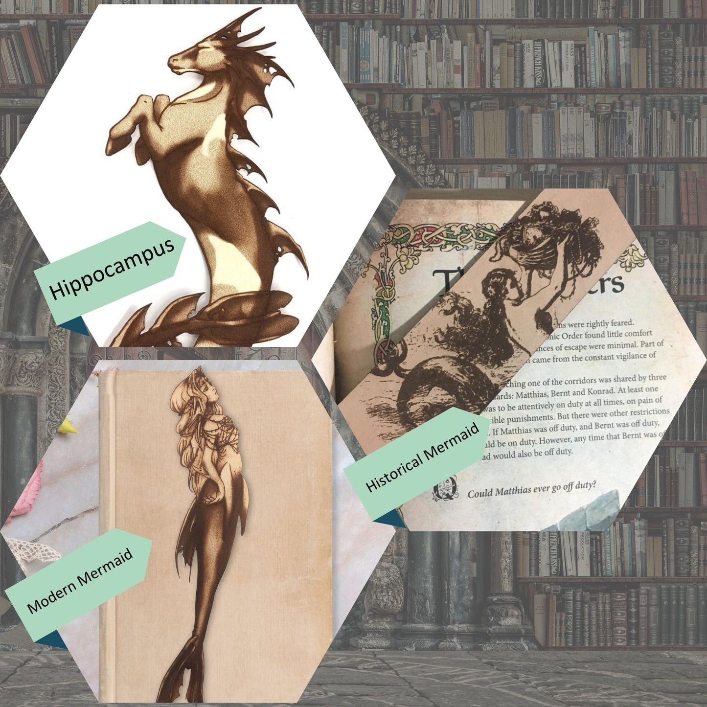 This collage shows the hippocampus bookmark, the historical mermaid bookmark and the modern mermaid bookmark.