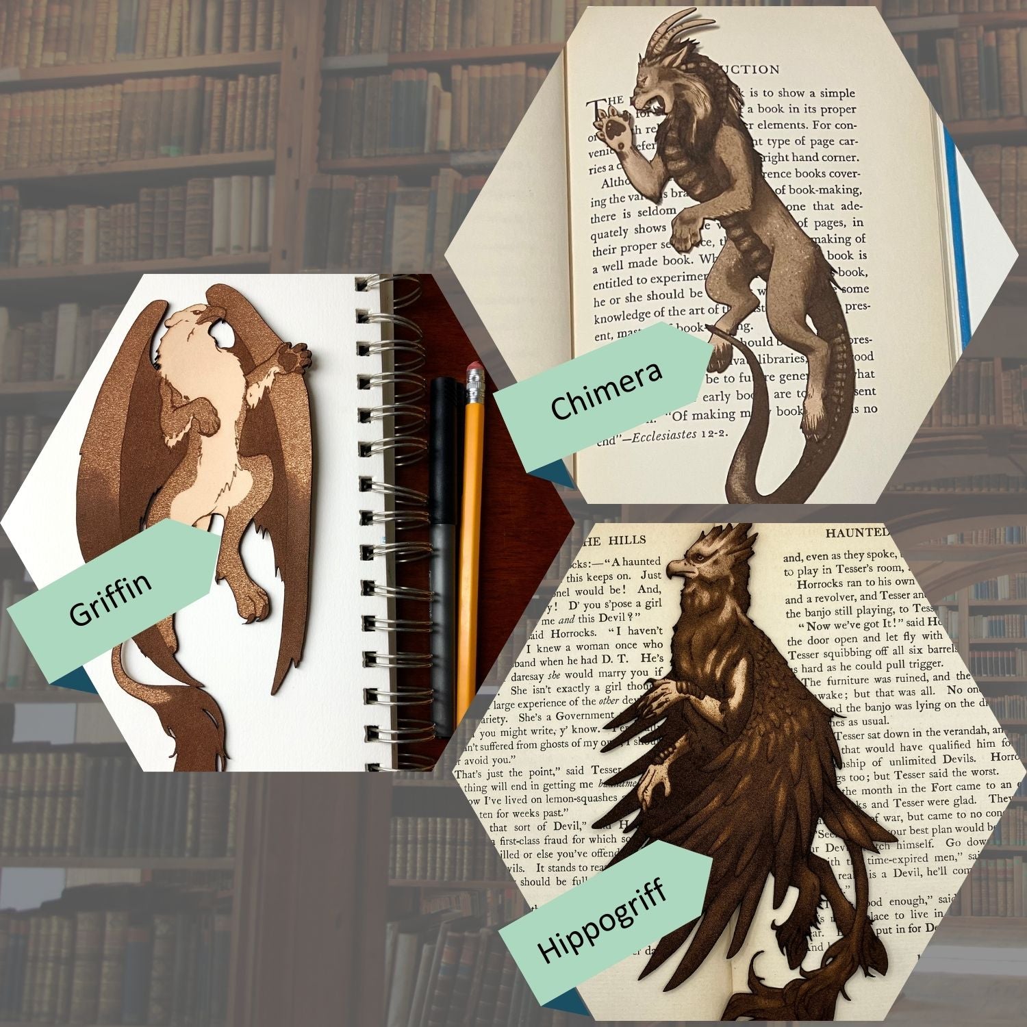 This collage shows the chimera bookmark, then griffin bookmark and at the bottom the hippogriff bookmark.