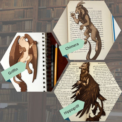 This collage shows the chimera bookmark, then griffin bookmark and at the bottom the hippogriff bookmark.