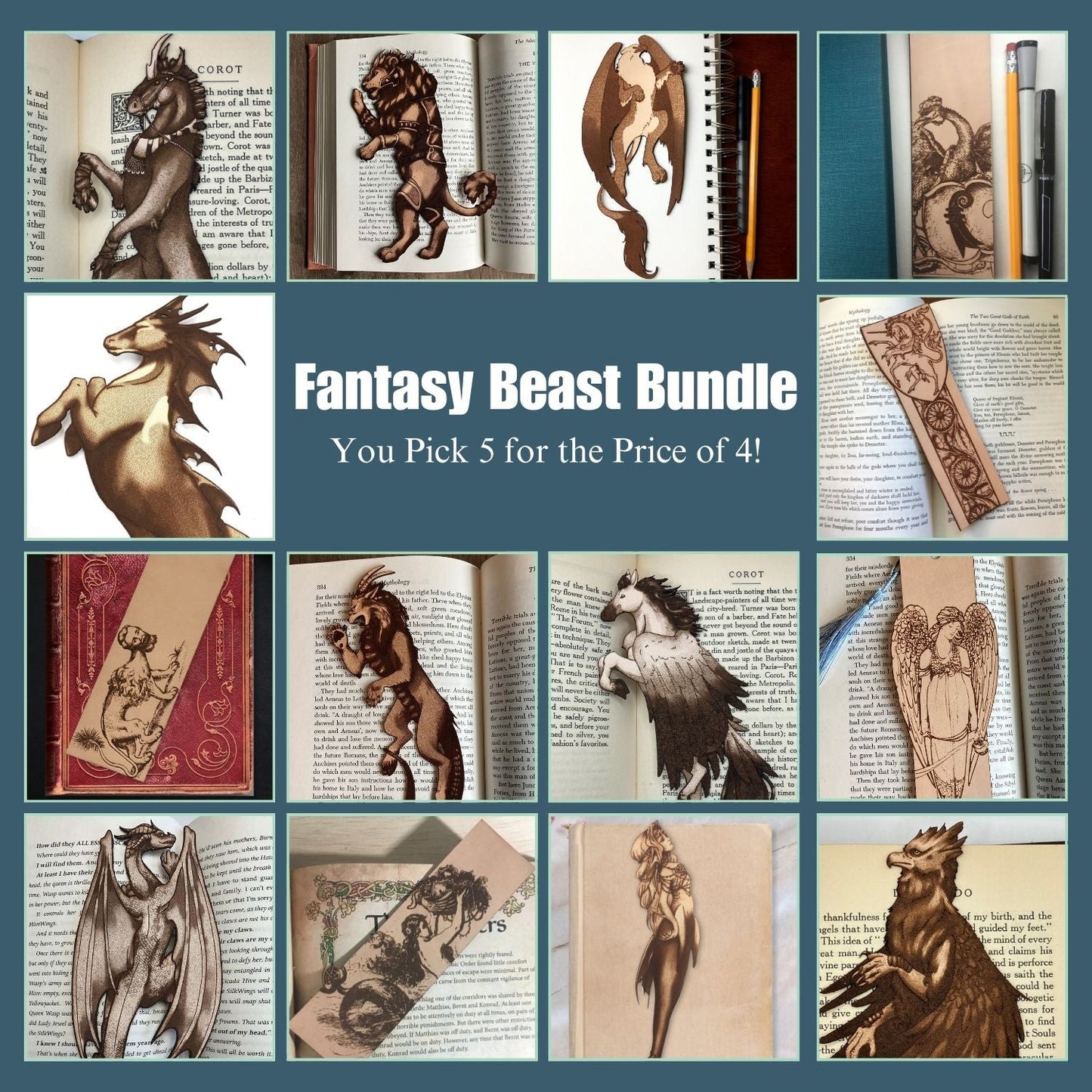 Fantasy Beast Bookmark Bundle Collage. Bookmark images top left to bottom right dark unicorn, lion, griffin, cockatrice, hippocampus, historical unicorn, manticore, chimera, pegasus, angel, dragon, historical mermaid, modern mermaid and hippogriff.