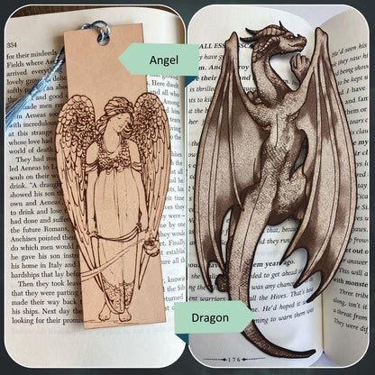 This collage shows the angel bookmark on the left and dragon on the right.