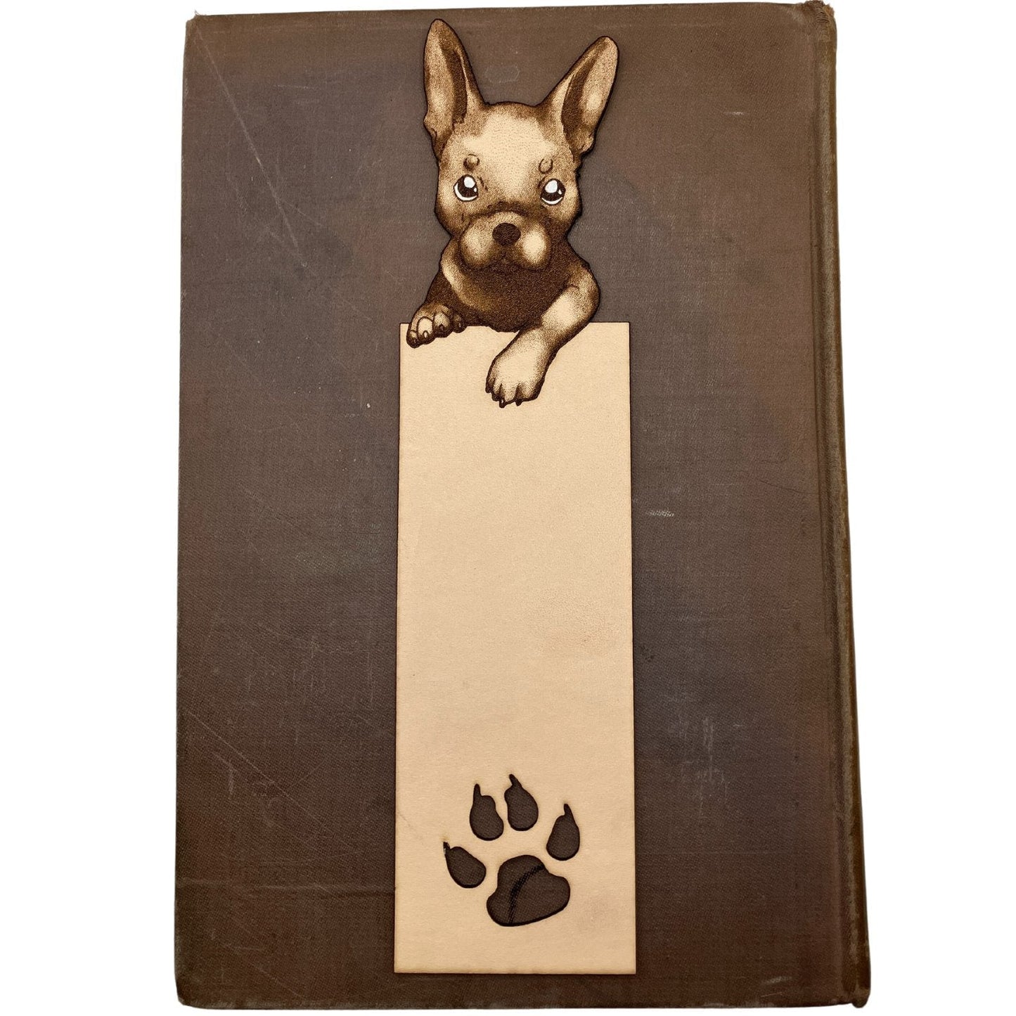 The leather French Bulldog bookmark with painted white highlights but not personalized. French Bulldog Bookmark Bookmarks Raven King Crafts