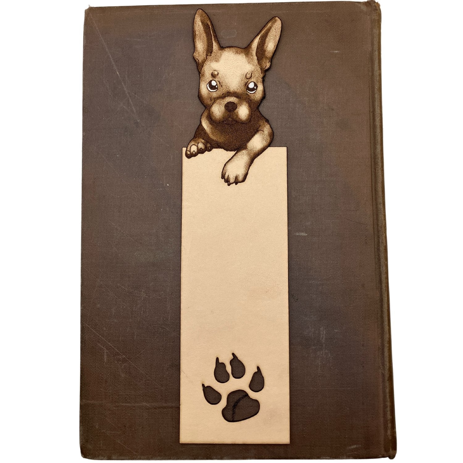 The leather French Bulldog bookmark with painted white highlights but not personalized. French Bulldog Bookmark Bookmarks Raven King Crafts