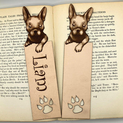 The personalized option of the French Bulldog bookmark next to the unpersonalized French Bulldog.