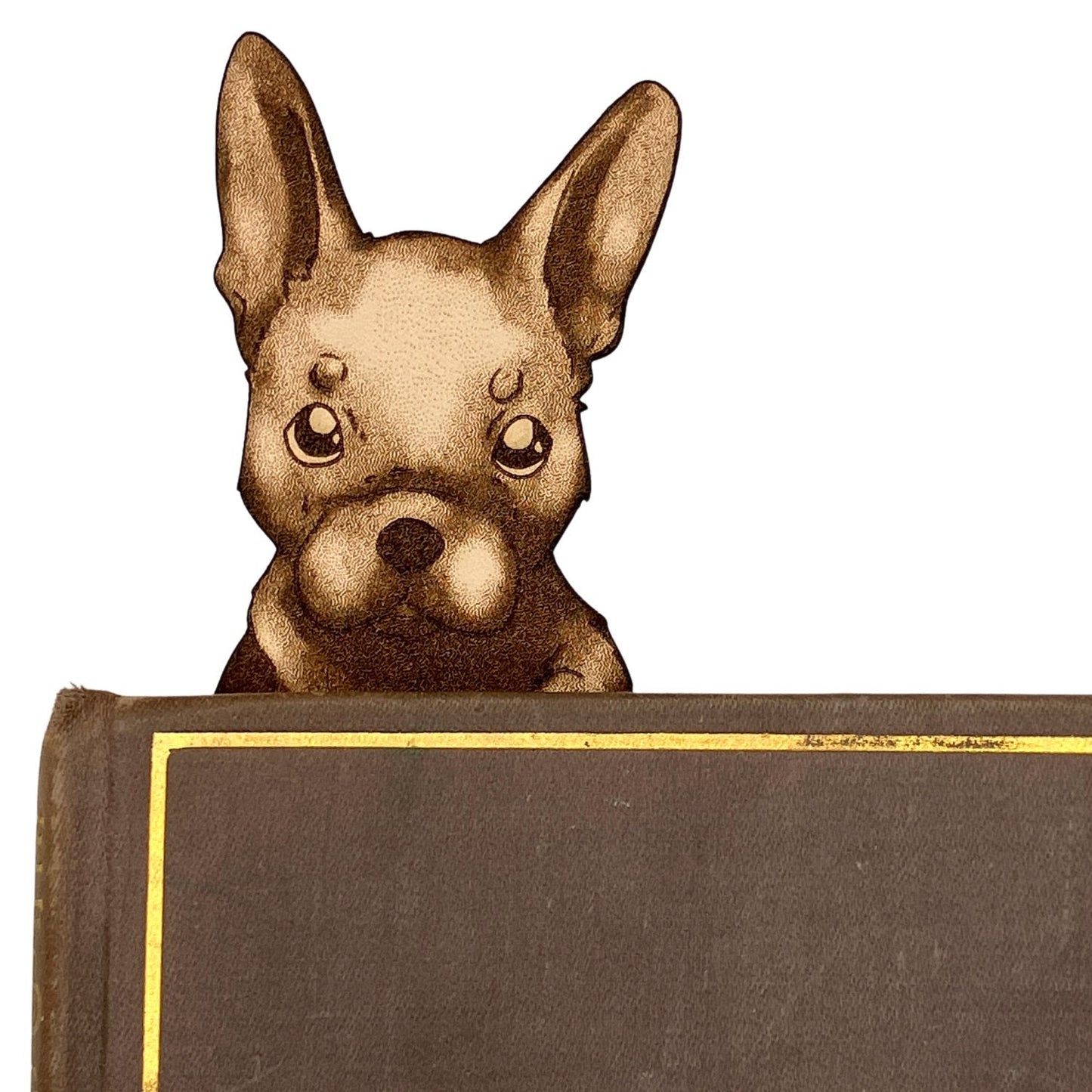The leather French Bulldog puppy head popping out of a book. French Bulldog Bookmark Bookmarks Raven King Crafts