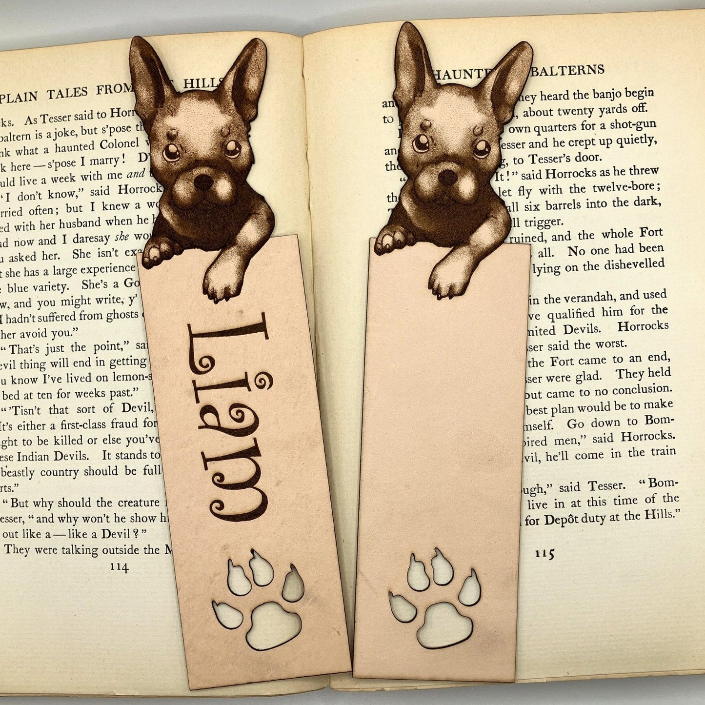 The personalized option of the French Bulldog bookmark next to the unpersonalized French Bulldog. French Bulldog Bookmark Bookmarks Raven King Crafts