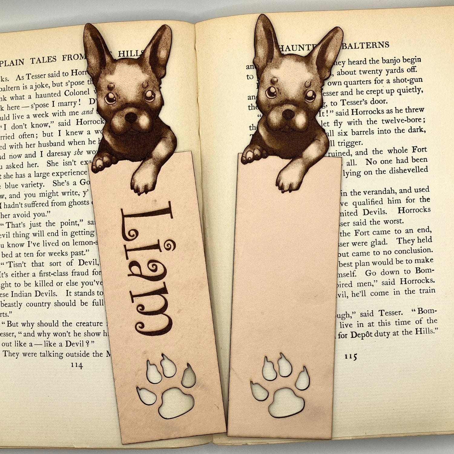 The personalized option of the French Bulldog bookmark next to the unpersonalized French Bulldog. French Bulldog Bookmark Bookmarks Raven King Crafts