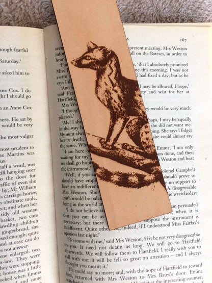 Historical genet illustration engraved on a leather bookmark. Genet Leather Bookmark Bookmarks Raven King Crafts