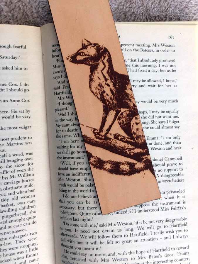 Historical genet illustration engraved on a leather bookmark. Genet Leather Bookmark Bookmarks Raven King Crafts