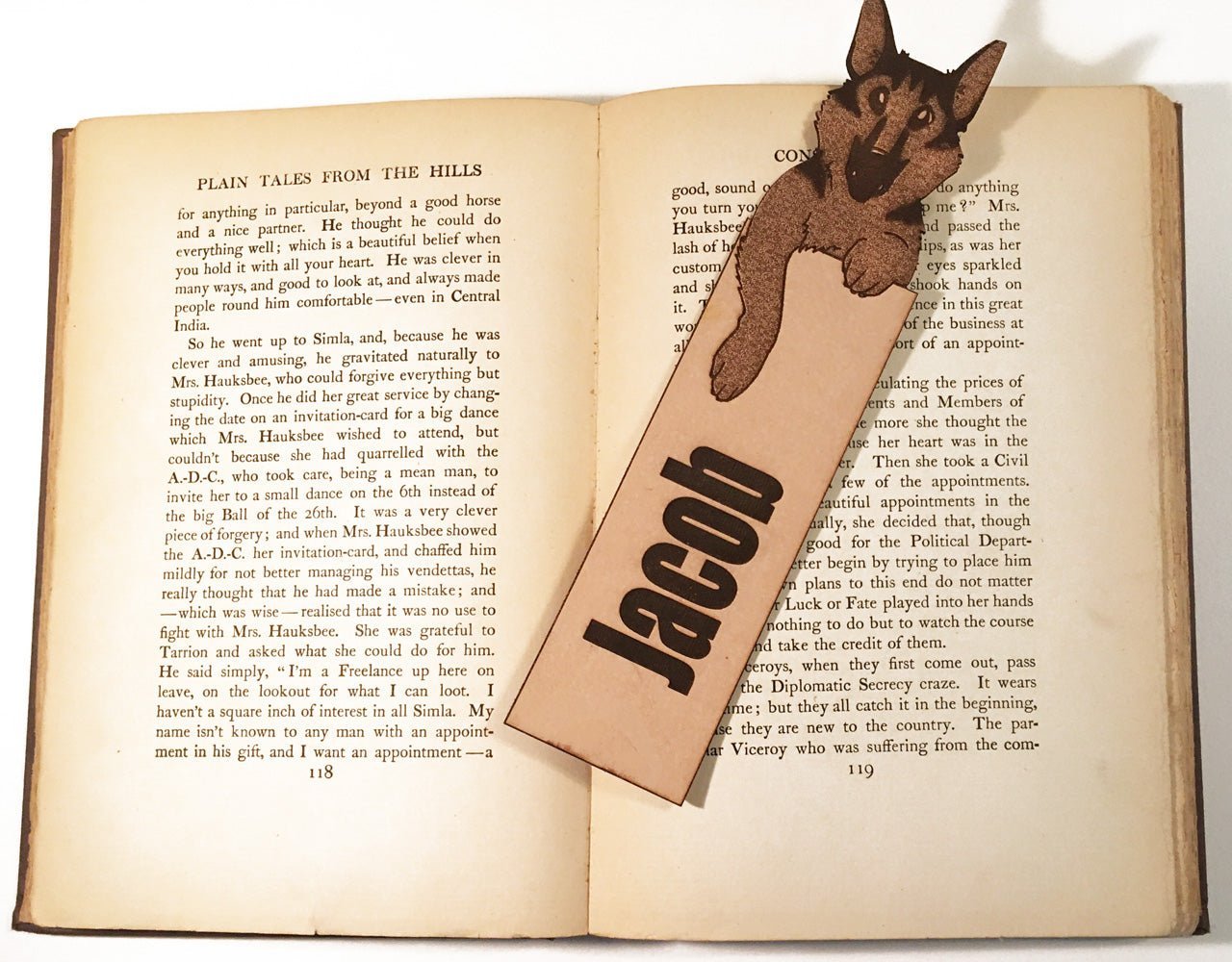 A photograph of the German Shepherd Dog bookmark with a name engraved on it. This photo has the name "Jacob" engraved.