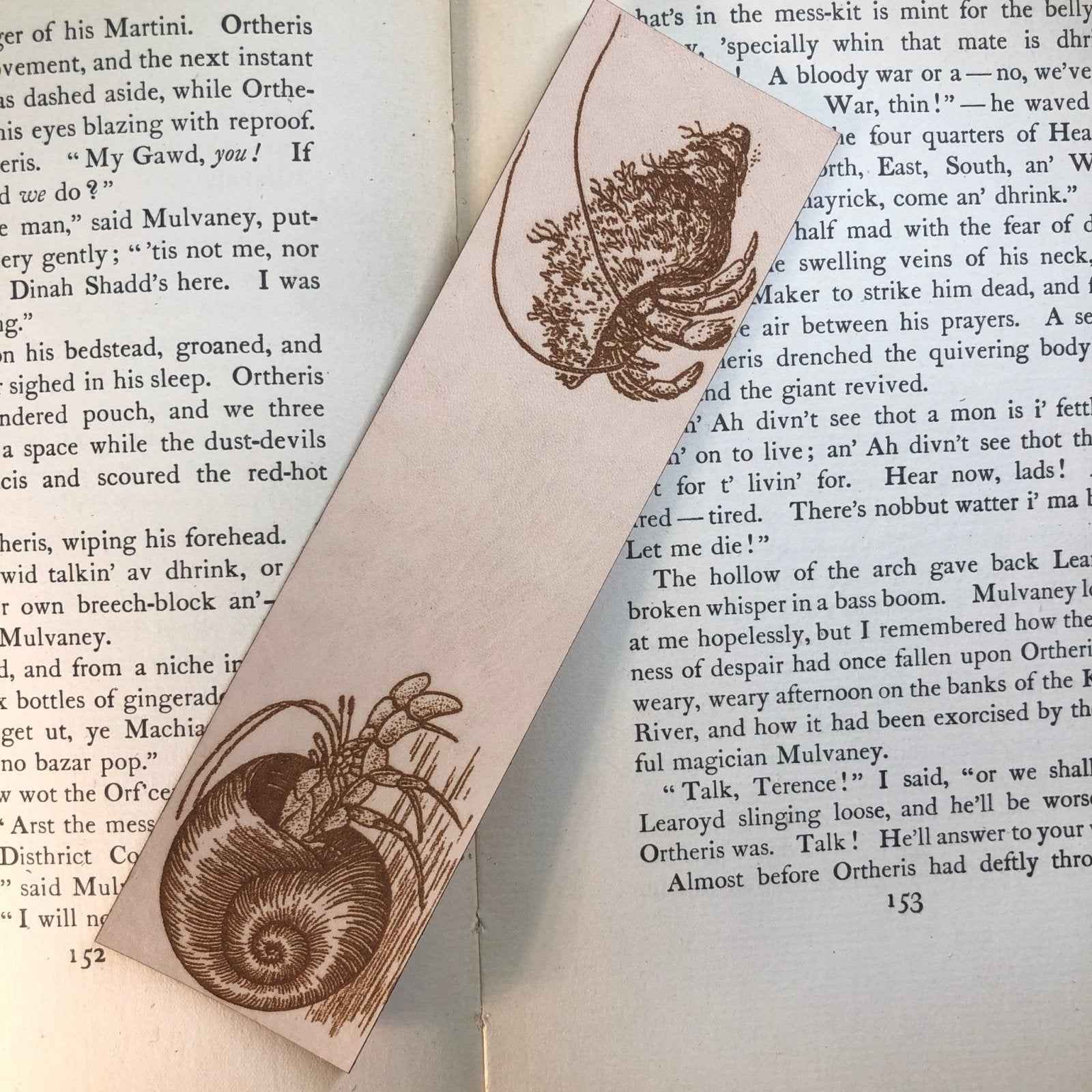A leather bookmark engraved with the antique art of hermit crabs. Hermit Crabs Bookmark Bookmarks Raven King Crafts