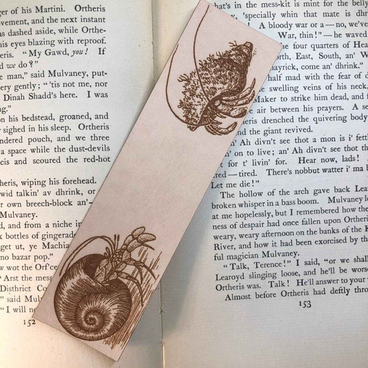 A leather bookmark engraved with the antique art of hermit crabs. Hermit Crabs Bookmark Bookmarks Raven King Crafts