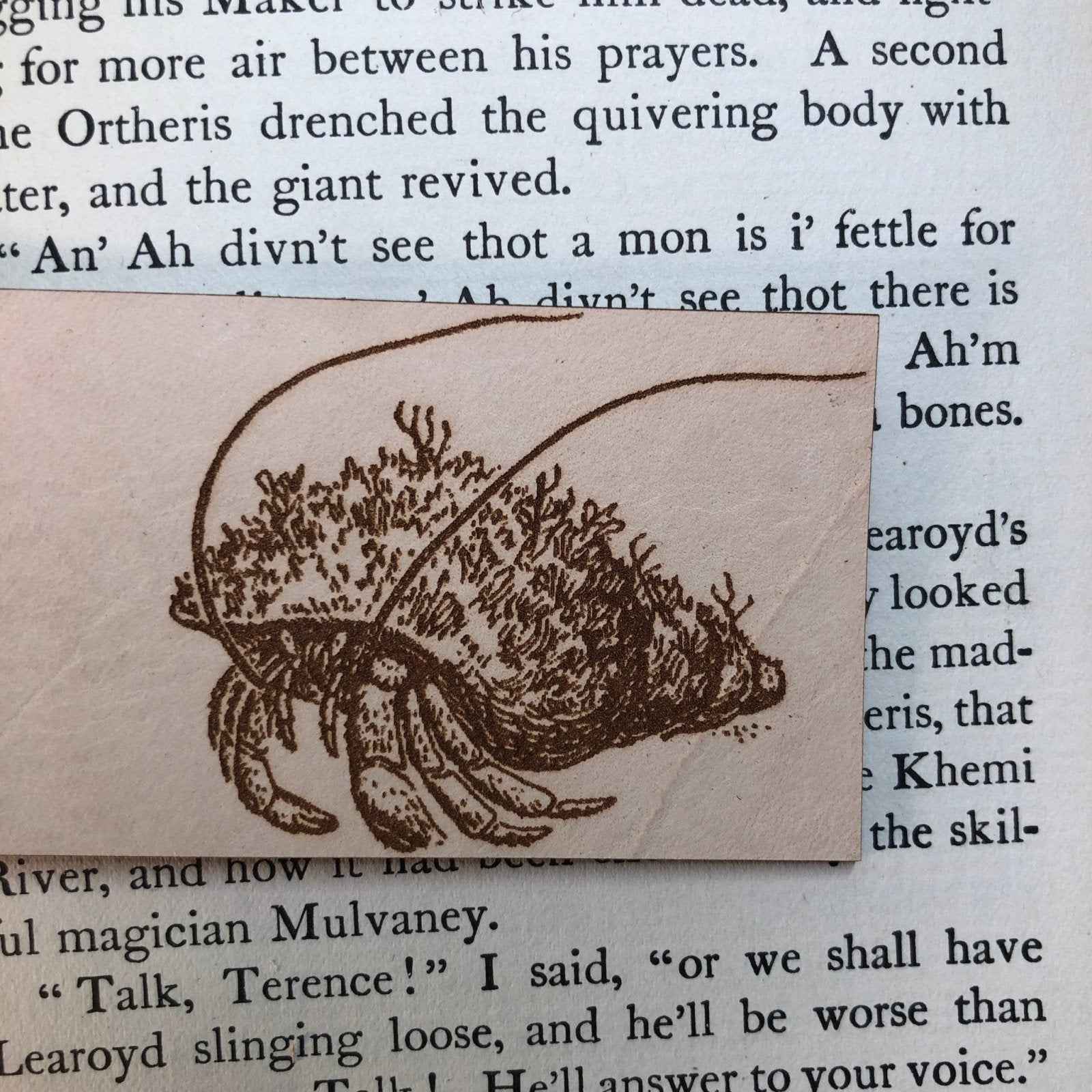 A leather bookmark engraved with the antique art of hermit crabs. Hermit Crabs Bookmark Bookmarks Raven King Crafts
