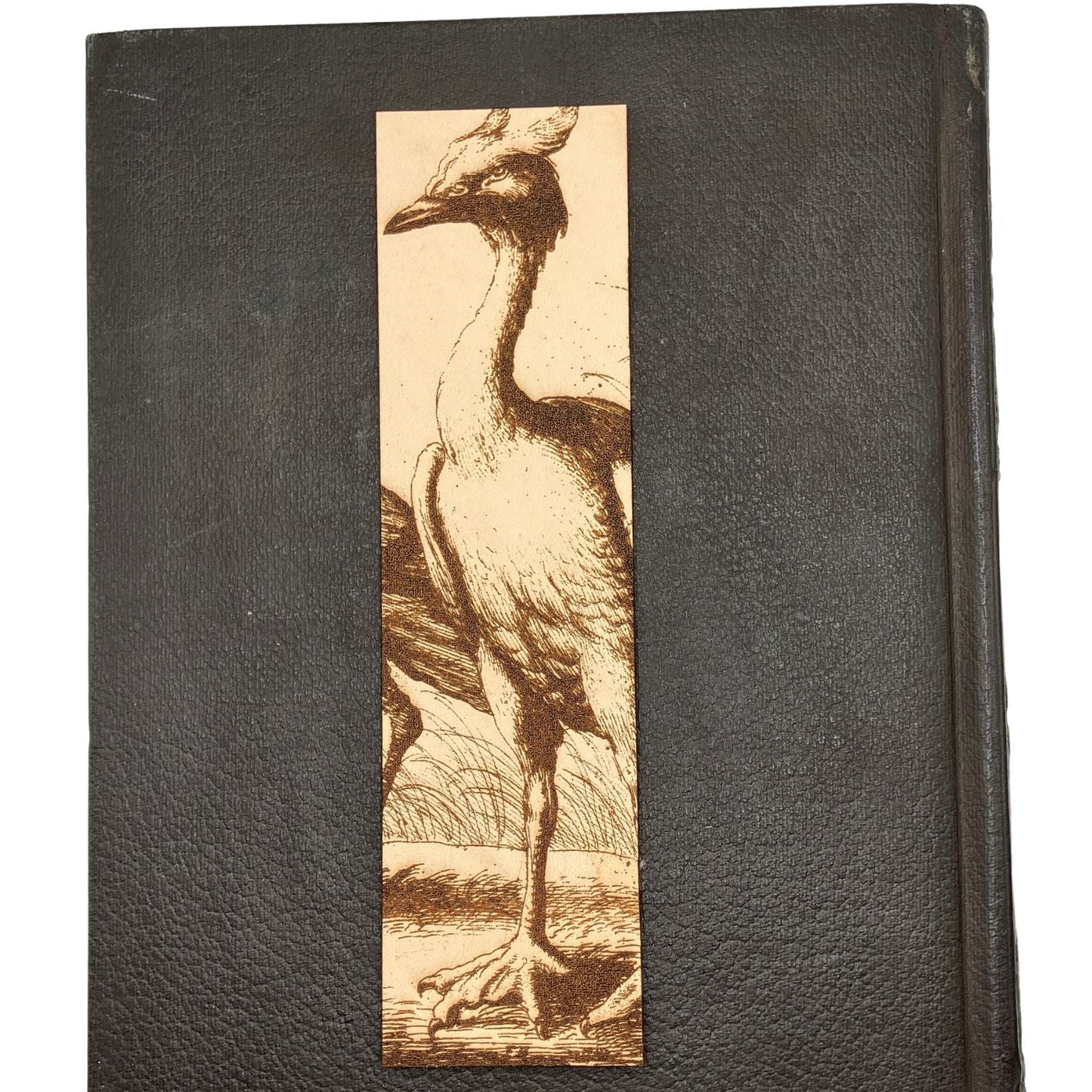 A leather bookmark with a heron engraved on it. The bookmark is resting on the dark leather cover of an old book.