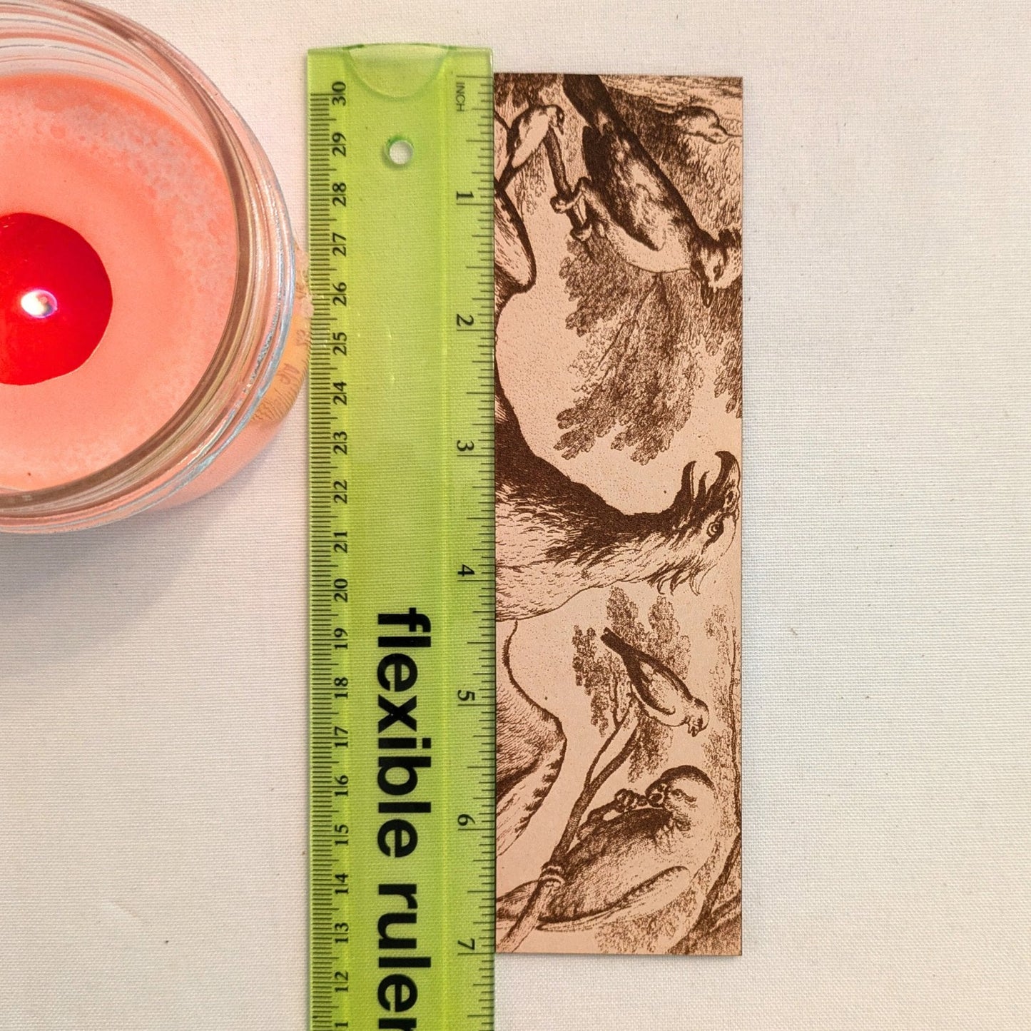 The historical bird bookmark next to a ruler for scale. Historical Birds Bookmark - Leather Bookmarks Raven King Crafts