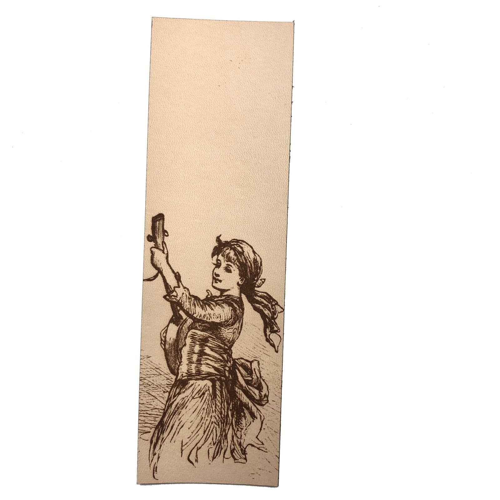 A leather bookmark engraved with the antique art of a girl playing music. Historical Musical Girl Bookmark Bookmarks Raven King Crafts