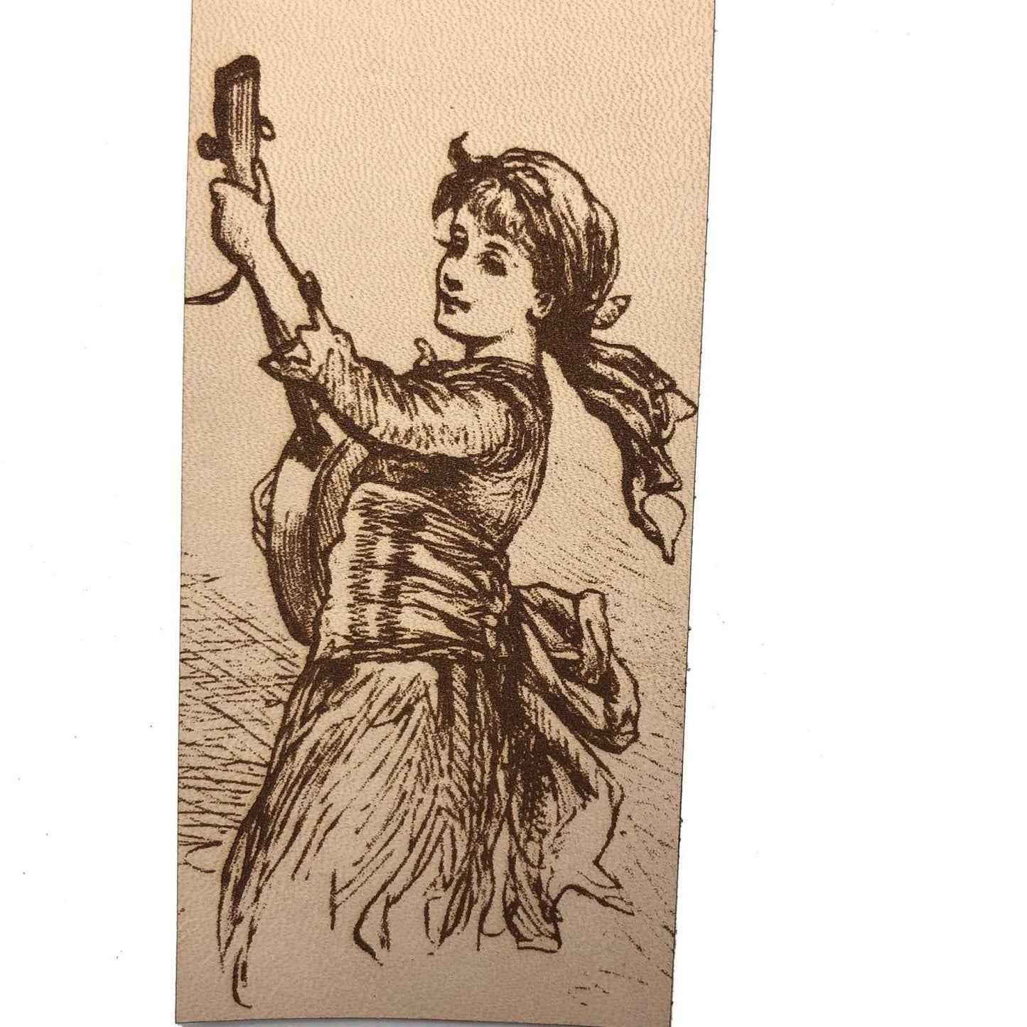A leather bookmark engraved with the antique art of a girl playing music. Historical Musical Girl Bookmark Bookmarks Raven King Crafts