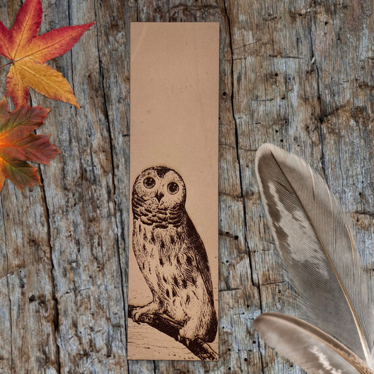 Image of a barred owl bookmark resting on a distressed wooden floor. To the left some maple leaves to the right some goose feathers.