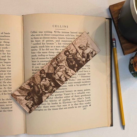 A leather bookmark engraved with the antique art of King Arthur and his knights. King with Knights Bookmark Bookmarks Raven King Crafts