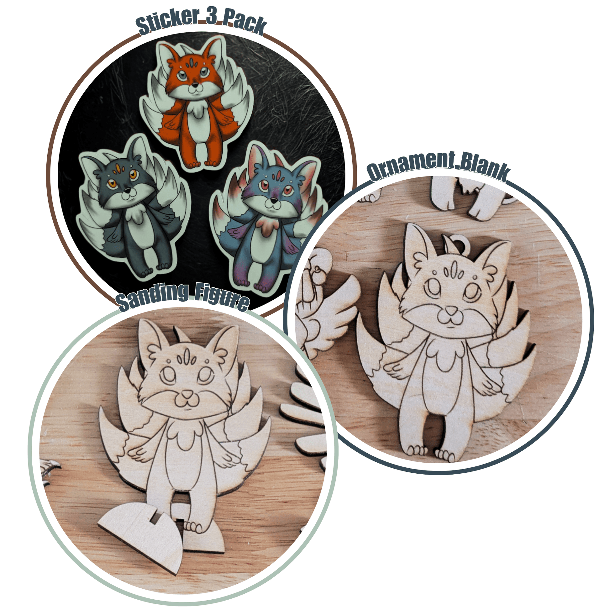 Kitsune Sticker 3 Pack, Ornament Blank and Standing Figure Kitsune 9 - Tailed Fox - Sticker, Ornament Blank & Standing Figure Set Art & Craft Kits Raven King Crafts