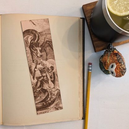 Bookmark with the historical art of a knight fighting a dragon. Knight Fighting a Dragon - Leather Historical Bookmark Bookmarks Raven King Crafts