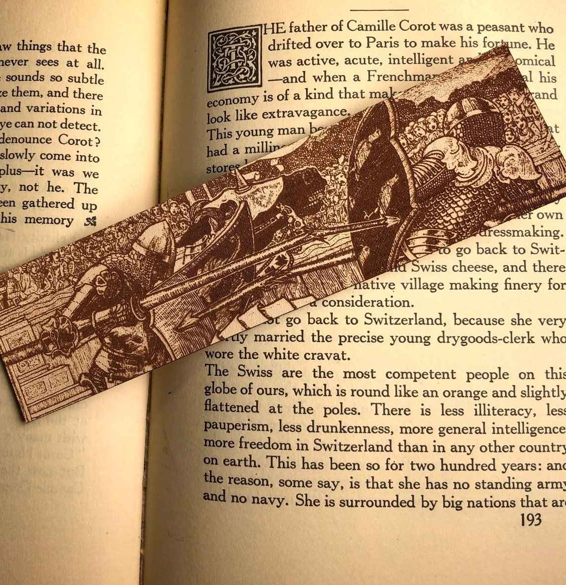 A leather bookmark engraved with the antique art of knights jousting. Knights Jousting Leather Bookmark Bookmarks Raven King Crafts