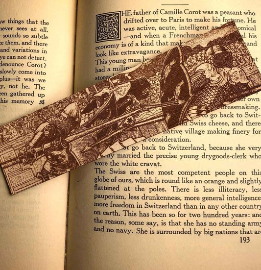 A leather bookmark engraved with the antique art of knights jousting. Knights Jousting Leather Bookmark Bookmarks Raven King Crafts