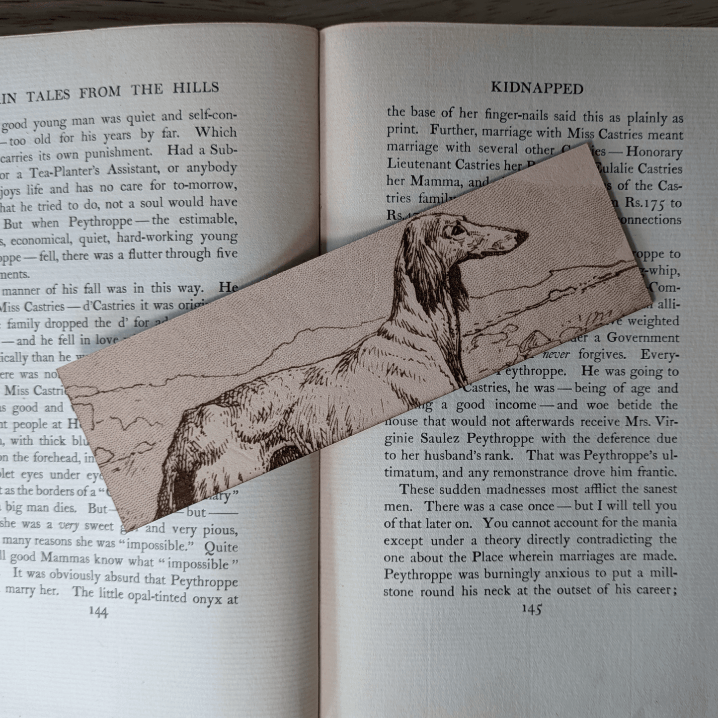 A rectangular leather bookmark with the historical art of an Afghan Greyhound dog engraved on it. The bookmark is resting on the pages of an open book. Leather Afghan Greyhound Bookmark Bookmarks Raven King Crafts Leather Afghan Greyhound Bookmark Bookmarks Raven King Crafts