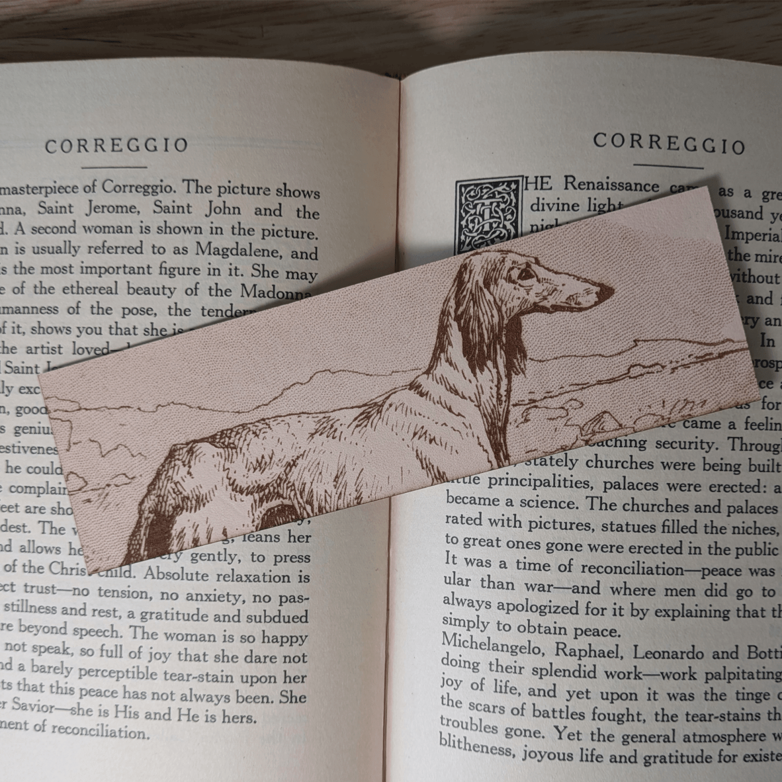 A rectangular leather bookmark with the historical art of an Afghan Greyhound engraved on it. The bookmark is resting on the pages of an open book. Leather Afghan Greyhound Bookmark Bookmarks Raven King Crafts Leather Afghan Greyhound Bookmark Bookmarks Raven King Crafts