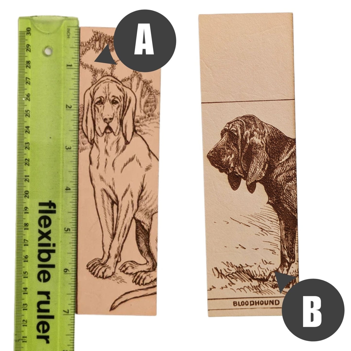 The bloodhound bookmarks you can pick between. Both are engraved leather and made in house here in Minnesota. Leather Bloodhound Bookmark (Hound dog) Bookmarks Raven King Crafts Leather Bloodhound Bookmark (Hound dog) Bookmarks Raven King Crafts