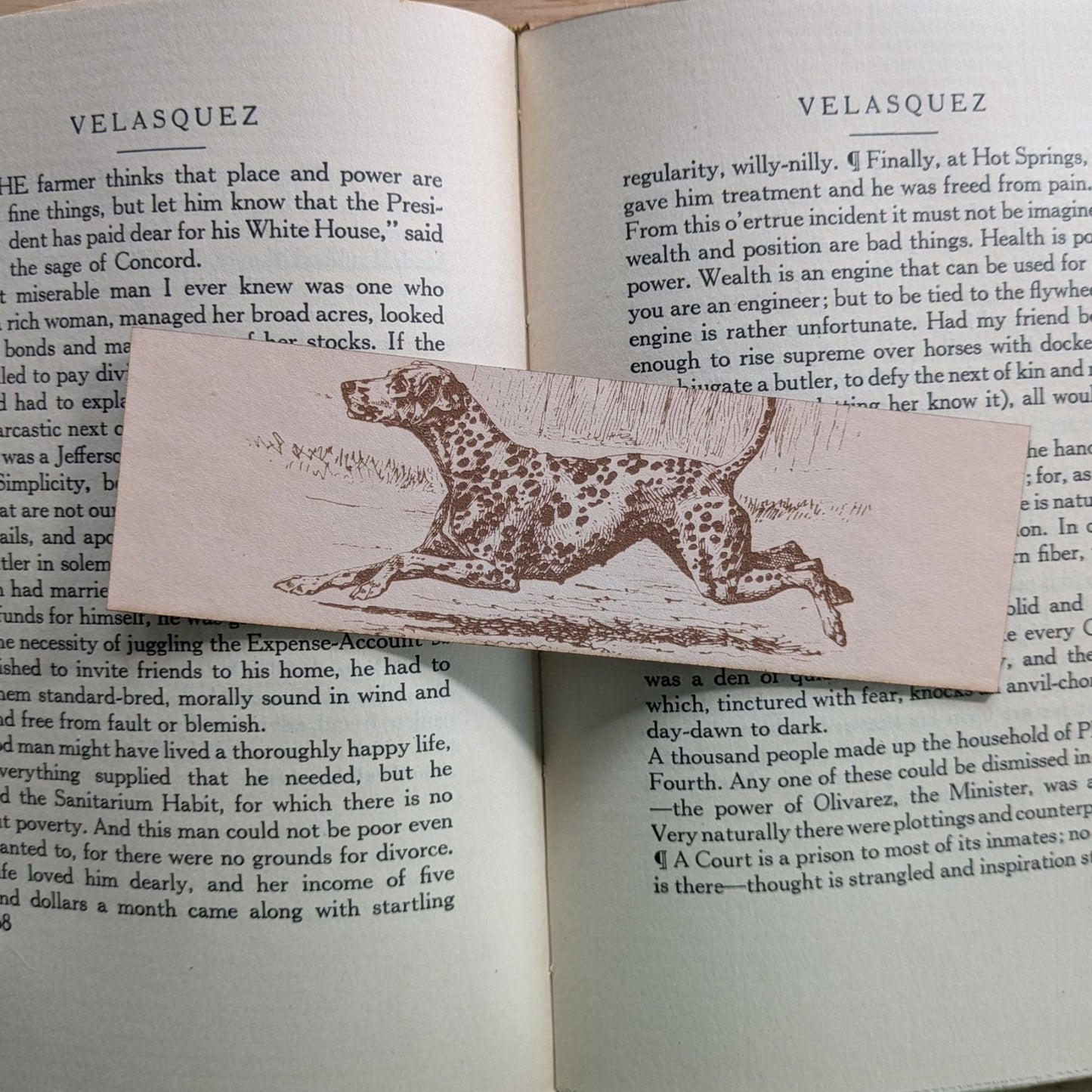 A rectangular leather bookmark with the historical art of a Dalmatian dog running engraved on it. The bookmark is resting on the pages of an open book. Leather Dalmation Dog Bookmarks Bookmarks Raven King Crafts Leather Dalmatian Dog Bookmarks Bookmarks Raven King Crafts