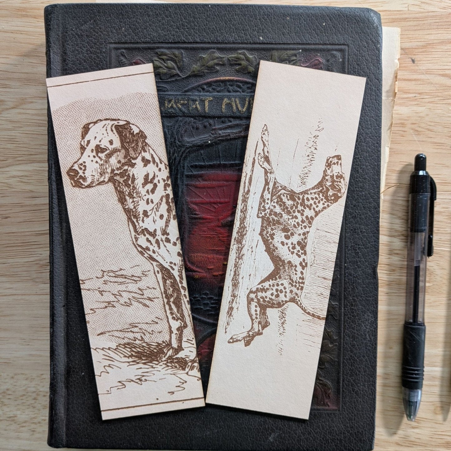 2 leather bookmarks with Dalmatians on them. Leather Dalmation Dog Bookmarks Bookmarks Raven King Crafts Leather Dalmatian Dog Bookmarks Bookmarks Raven King Crafts