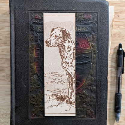 A rectangular leather bookmark with the historical art of a Dalmatian dog engraved on it. Leather Dalmation Dog Bookmarks Bookmarks Raven King Crafts Leather Dalmatian Dog Bookmarks Bookmarks Raven King Crafts