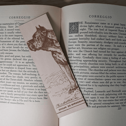 A rectangular leather bookmark with the historical art of a Dogue De Bordeaux engraved on it. The bookmark is resting on the pages of an open book. Leather Dogue De Bordeaux Bookmark Bookmarks Raven King Crafts Leather Dogue De Bordeaux Bookmark Bookmarks Raven King Crafts