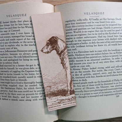 A rectangular leather bookmark with the historical art of a wire terrier dog engraved on it. The bookmark is resting on the pages of an open book. Leather Fox Terrier Dog Bookmarks Bookmarks Raven King Crafts Leather Fox Terrier Dog Bookmarks Bookmarks Raven King Crafts