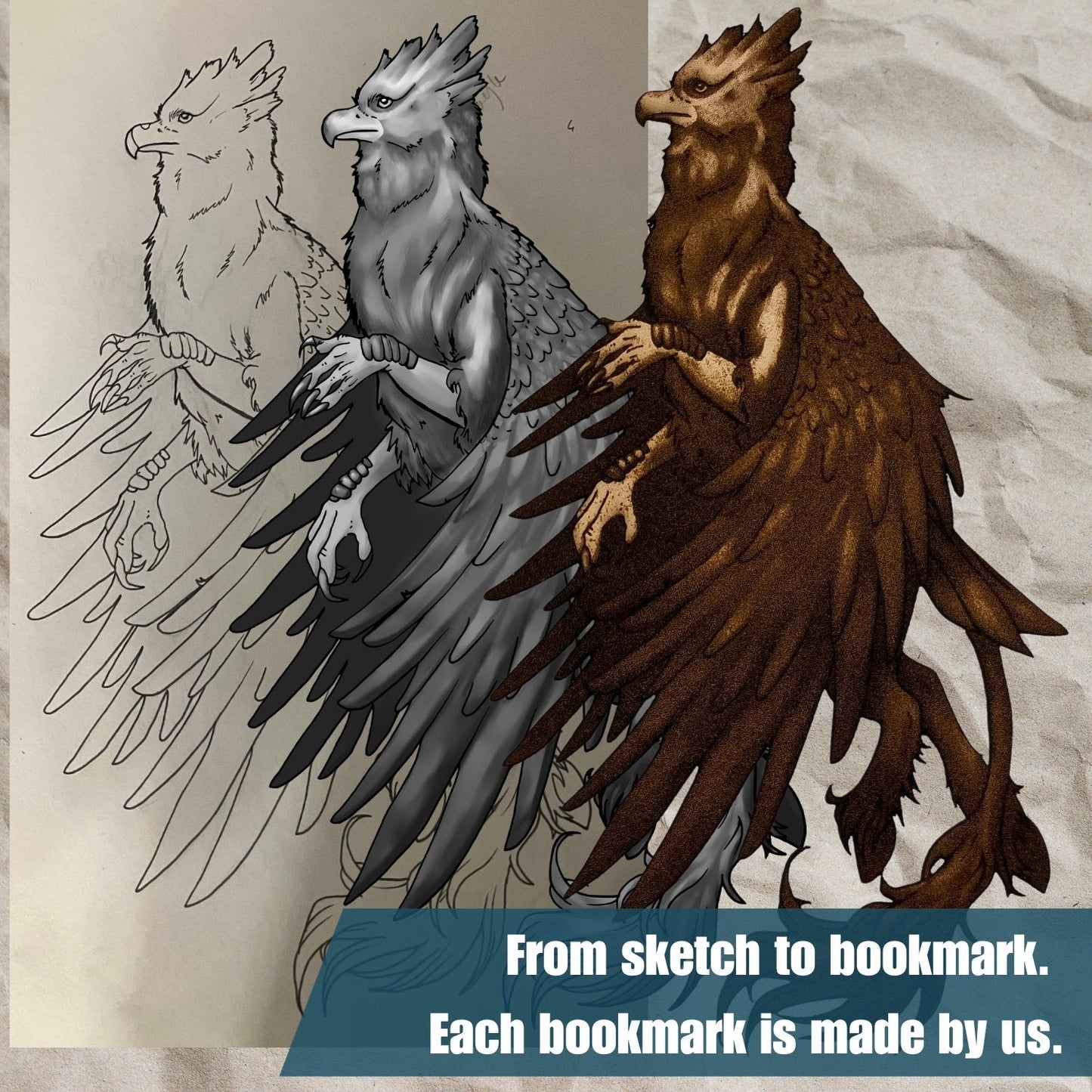 A visual showing the hippogriff sketch, the digital version of the art and the final bookmark. Leather Hippogriff Bookmark Bookmarks Raven King Crafts