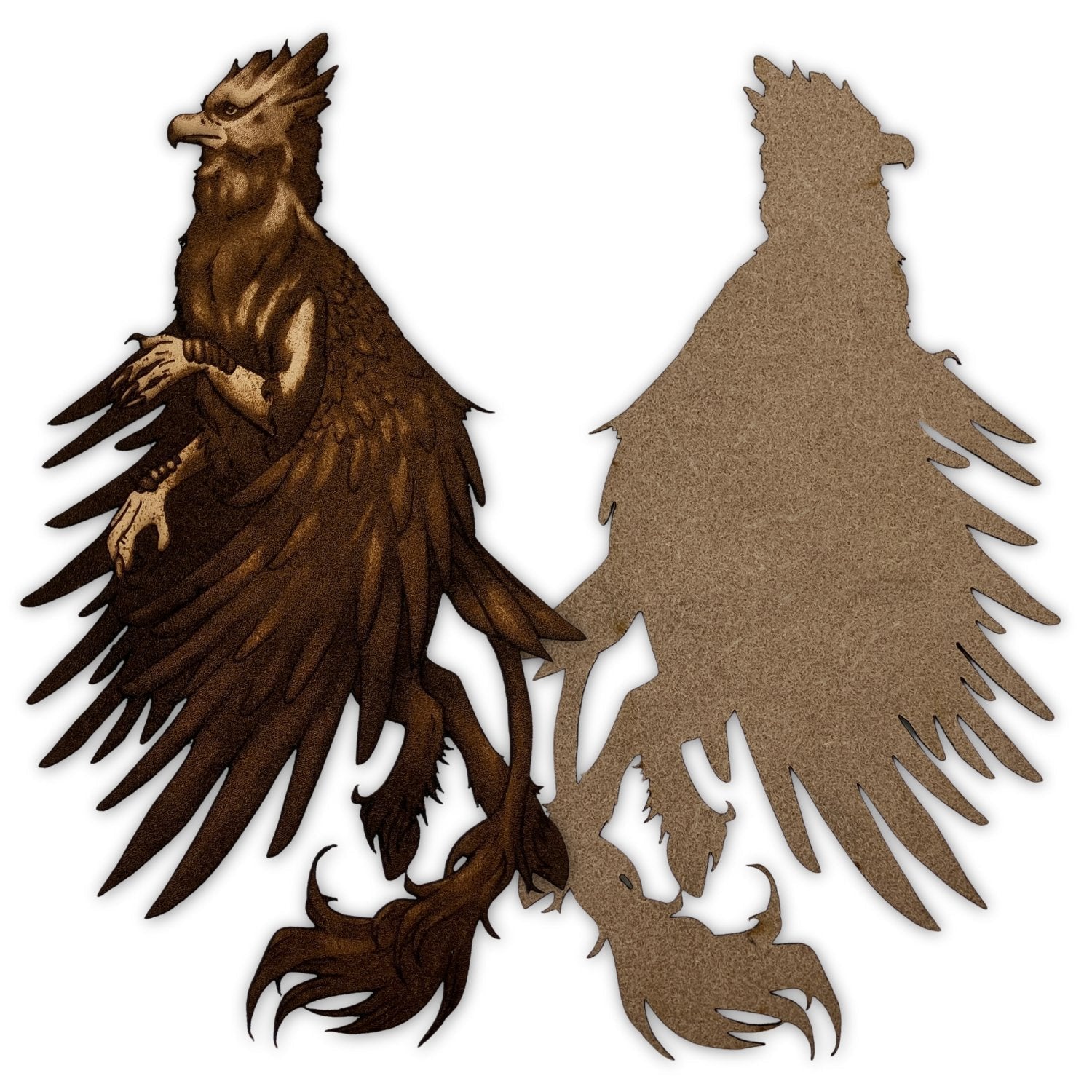The photo has the front side (design engraved on) and the back side (blank) of the leather hippogriff bookmark. On the back the leather grain is visible. Leather Hippogriff Bookmark Bookmarks Raven King Crafts