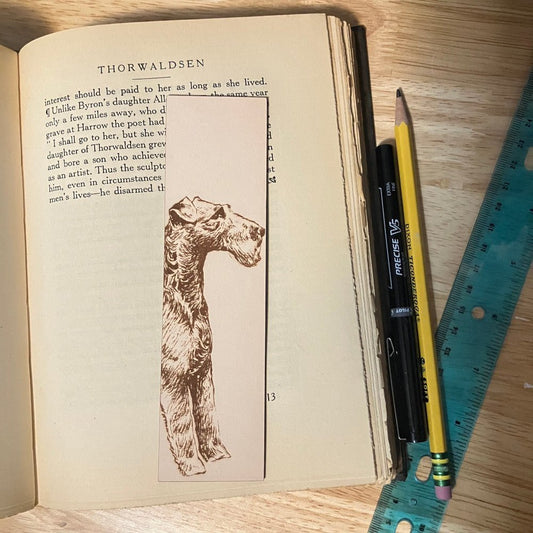 A rectangular leather bookmark with the historical art of an Irish Terrier engraved on it. The bookmark is resting on the pages of an open book. Leather Irish Terrier Bookmark Bookmarks Raven King Crafts Leather Irish Terrier Bookmark Bookmarks Raven King Crafts
